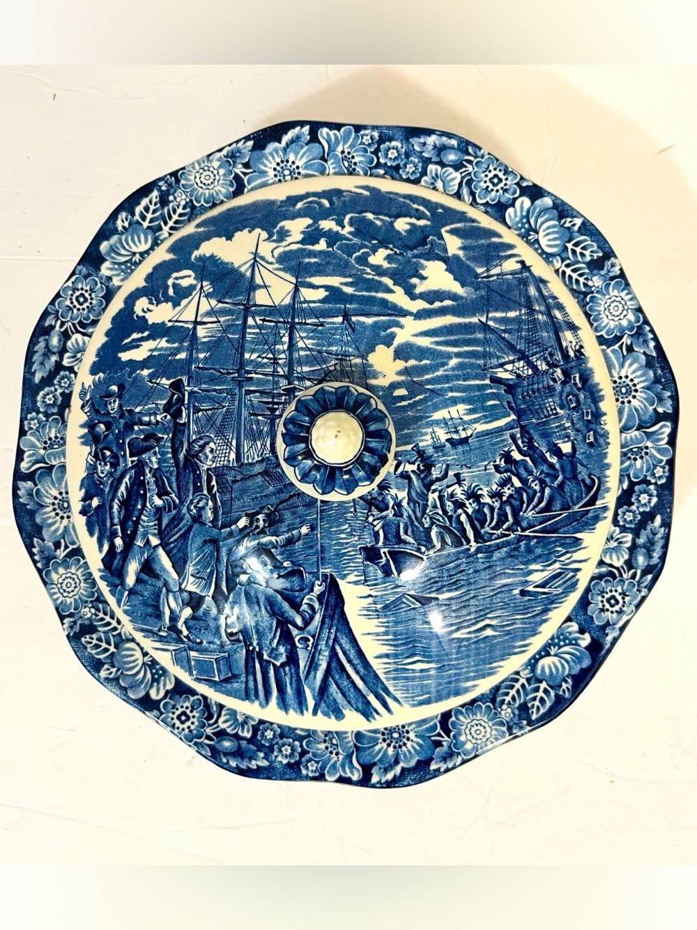 Vintage Boston Tea-party Liberty Blue Staffordshire Ironstone Dish Made England
